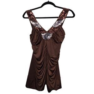 Vintage 90s Y2K Wet Seal Beaded Babydoll Tank Top Womens LG Brown USA Clubwear